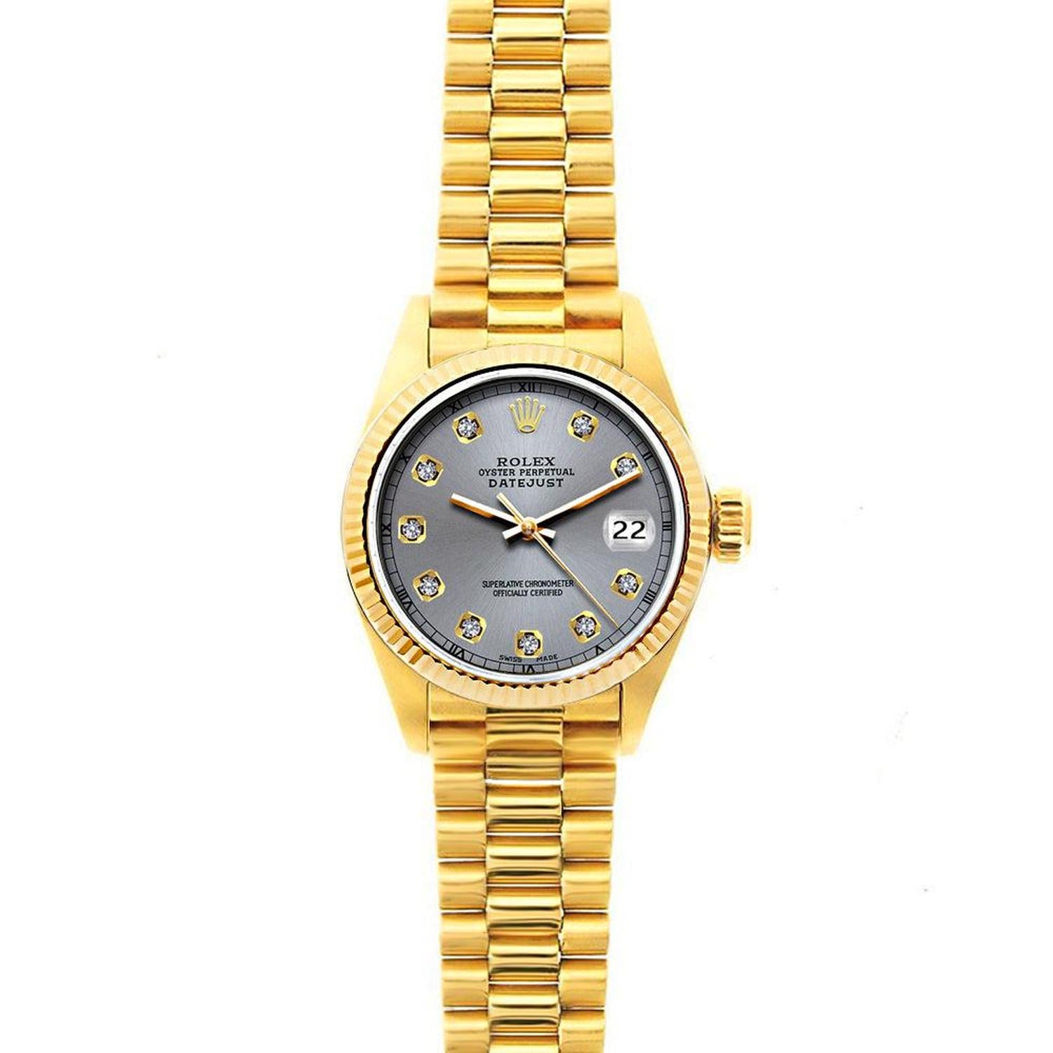 Rolex Datejust 26MM 69178 Slate Gray Diamond Dial Yellow Gold Fluted Bezel 18K Yellow Gold President Bracelet