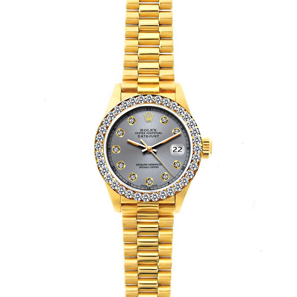 18k Yellow Gold Rolex Datejust Diamond Watch 26mm President Bracelet Gray Dial w Diamond Bezel