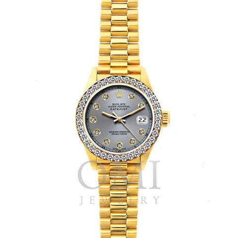 18k Yellow Gold Rolex Datejust Diamond Watch, 26mm, President Bracelet Gray Dial w/ Diamond Bezel