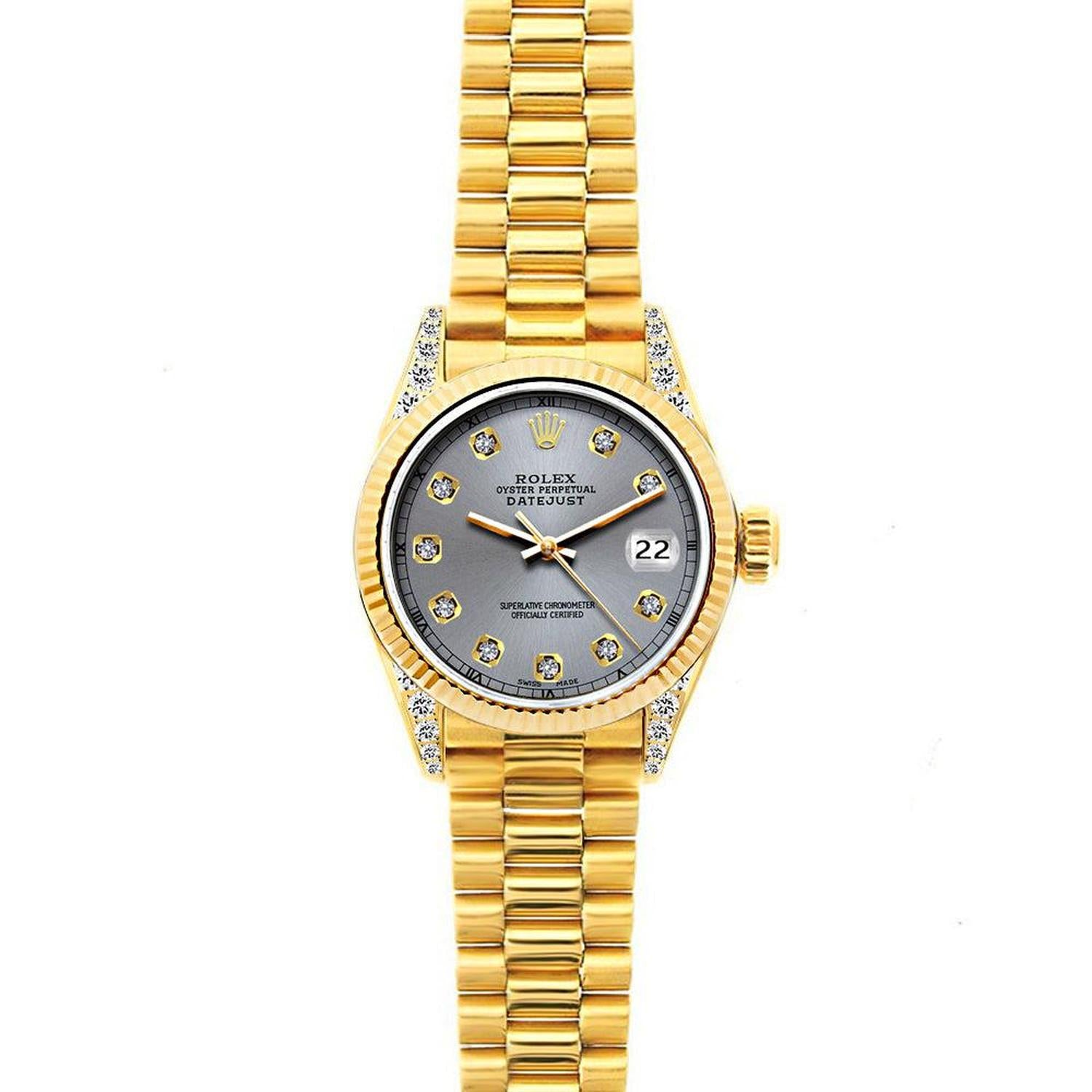 Rolex Datejust 26MM 69178 Slate Gray Diamond Dial Diamond Bezel 18K Yellow Gold President Bracelet