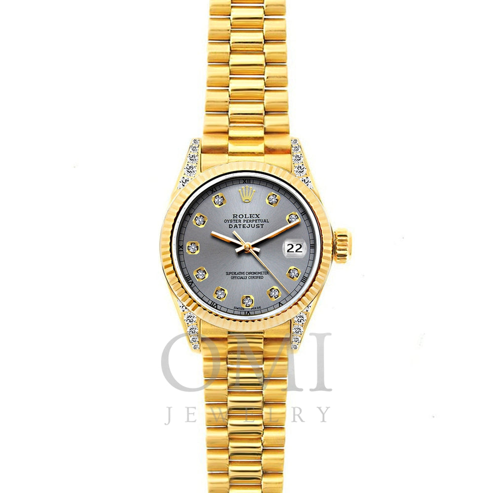 18k Yellow Gold Rolex Datejust Diamond Watch, 26mm, President Bracelet Gray Dial w/ Diamond Lugs