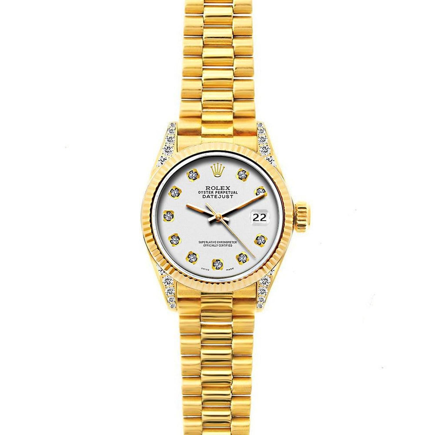 Rolex Datejust 26MM 69178 Silver Diamond Dial Yellow Gold Fluted Bezel 18K Yellow Gold President Bracelet