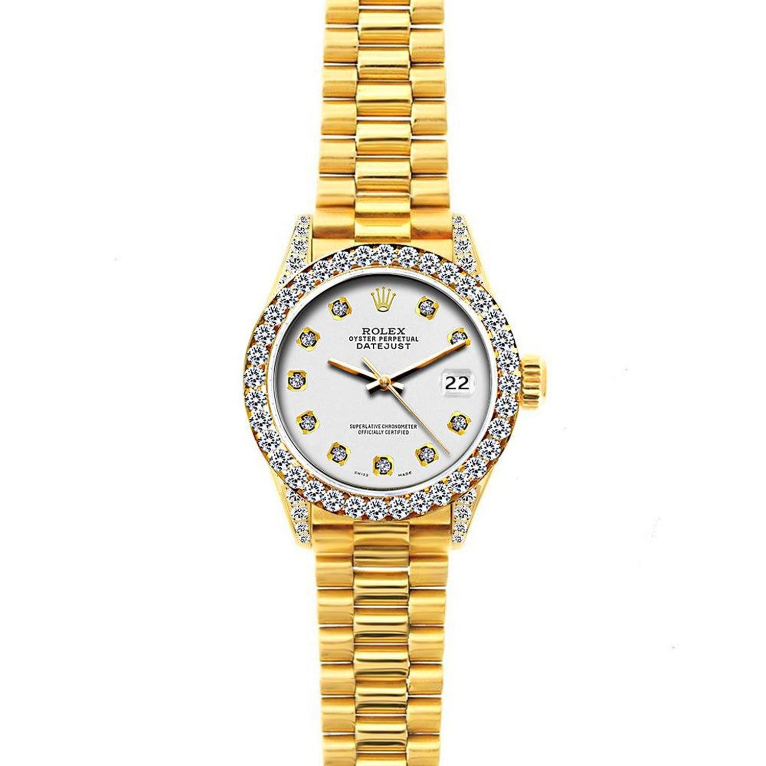 Rolex Datejust 26MM 69178 Silver Diamond Dial Diamond Bezel 18K Yellow Gold President Bracelet 1.2ct