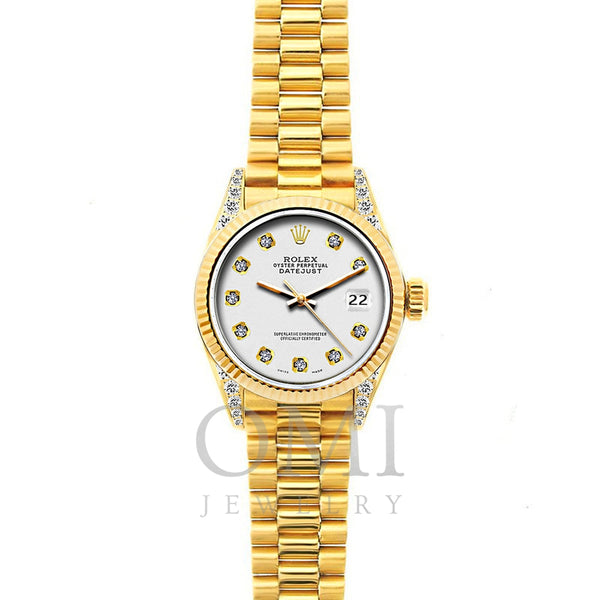 18k Yellow Gold Rolex Datejust Diamond Watch, 26mm, President Bracelet Whisper Dial w/ Diamond Lugs