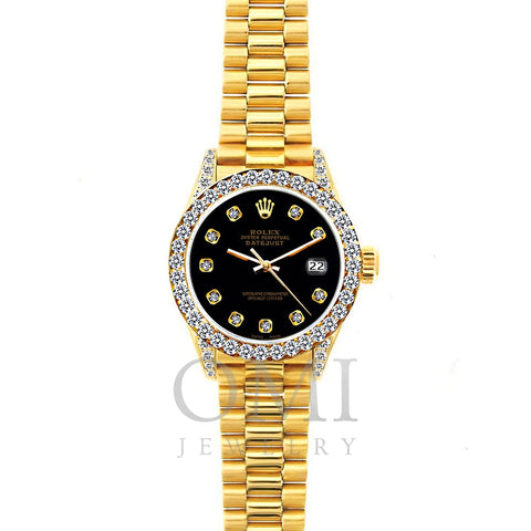 18k Yellow Gold Rolex Datejust Diamond Watch, 26mm, President Bracelet Black Dial w/ Diamond Bezel and Lugs