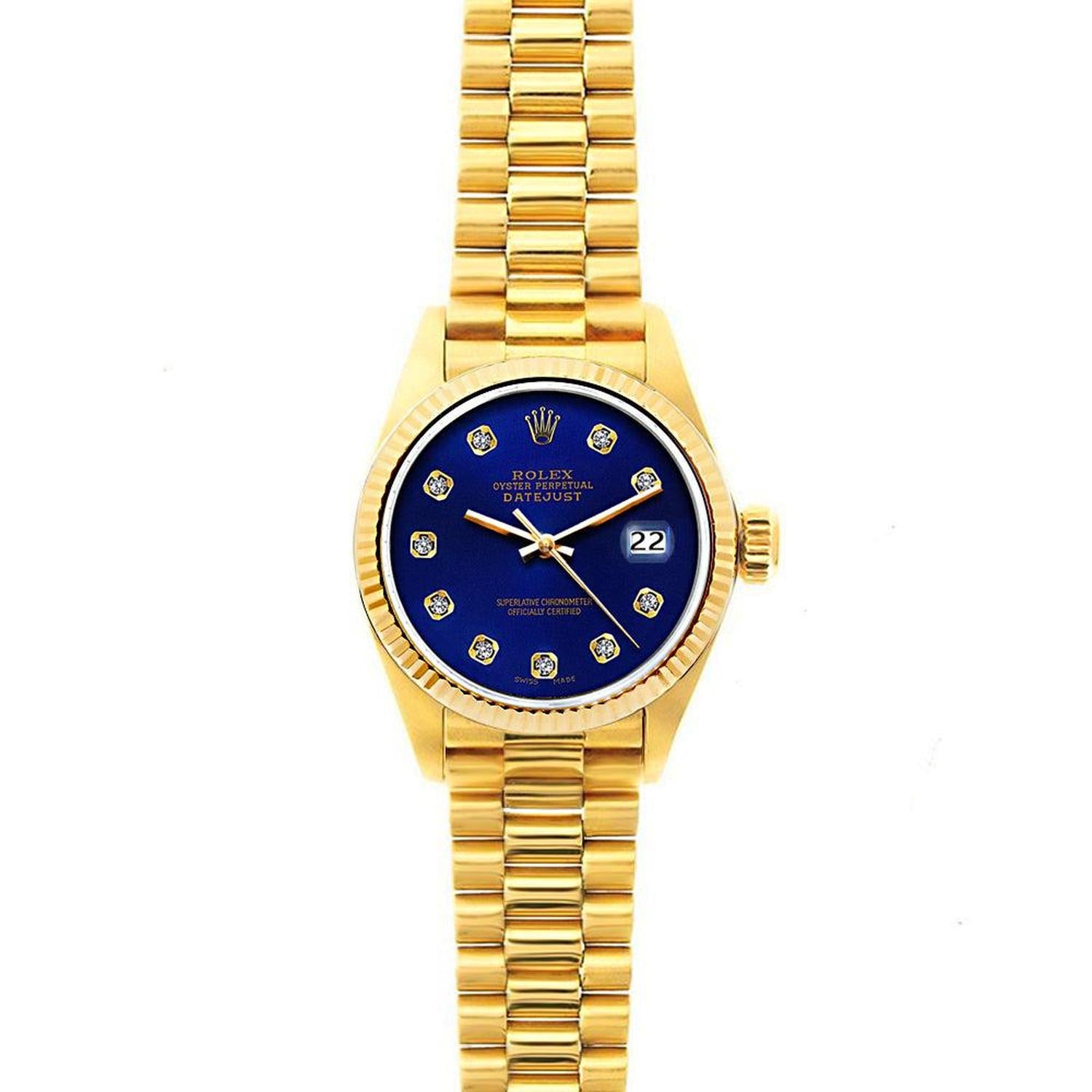 Rolex Datejust 26MM 69178 Blue Diamond Dial Yellow Gold Fluted Bezel 18K Yellow Gold President Bracelet