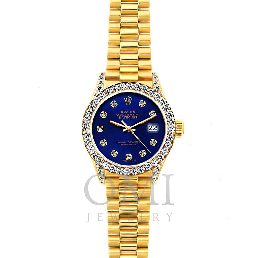 18k Yellow Gold Rolex Datejust Diamond Watch, 26mm, President Bracelet Ultramarine w/ Diamond Bezel and Lugs