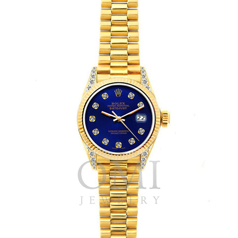 18k Yellow Gold Rolex Datejust Diamond Watch, 26mm, President Bracelet Ultramarine Dial w/ Diamond Lugs
