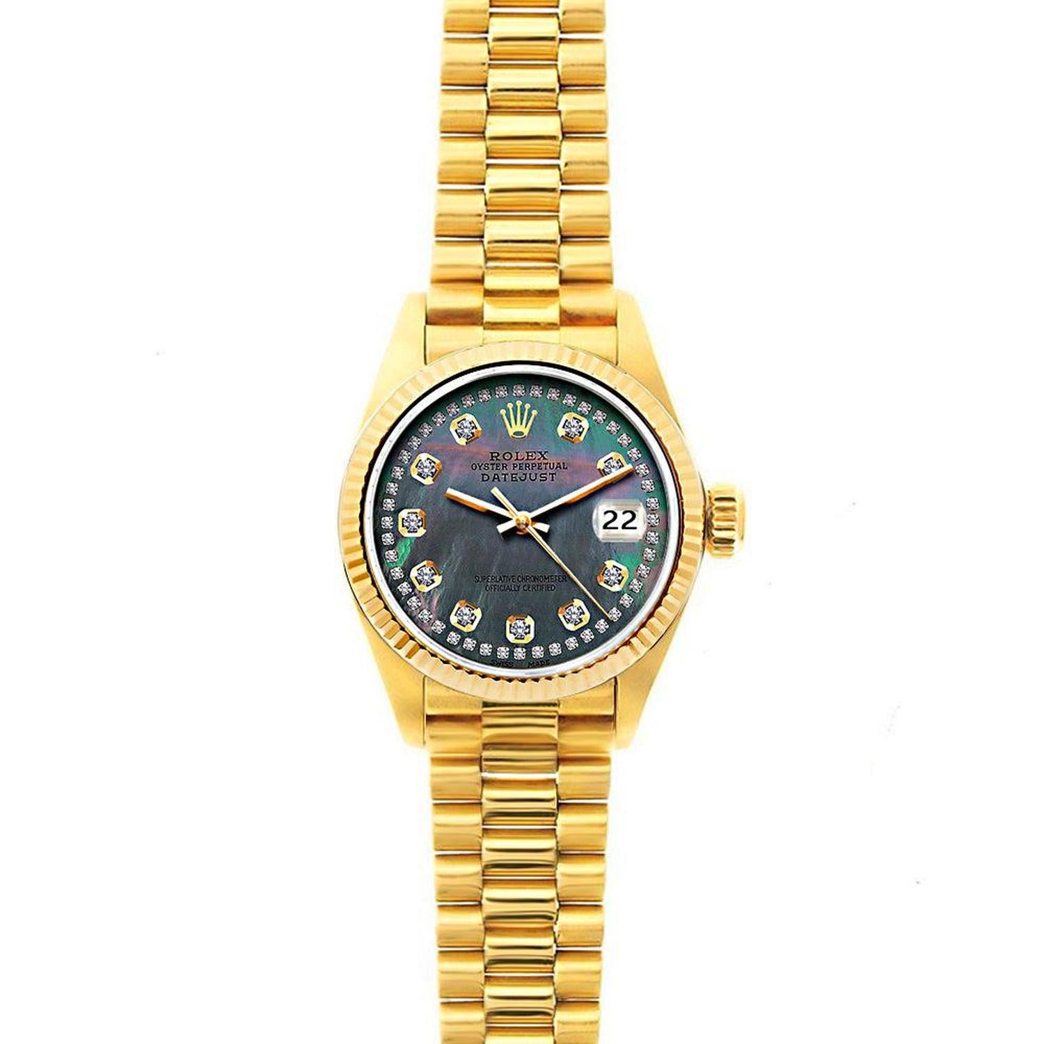 Rolex Datejust 26MM 69178 Black Mother of Pearl Diamond Dial Yellow Gold Fluted Bezel 18K Yellow Gold President Bracelet