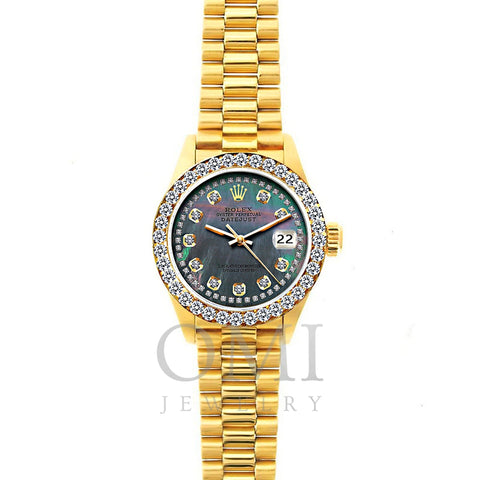 18k Yellow Gold Rolex Datejust Diamond Watch, 26mm, President Bracelet Mother of Pearl Dial w/ Diamond Bezel