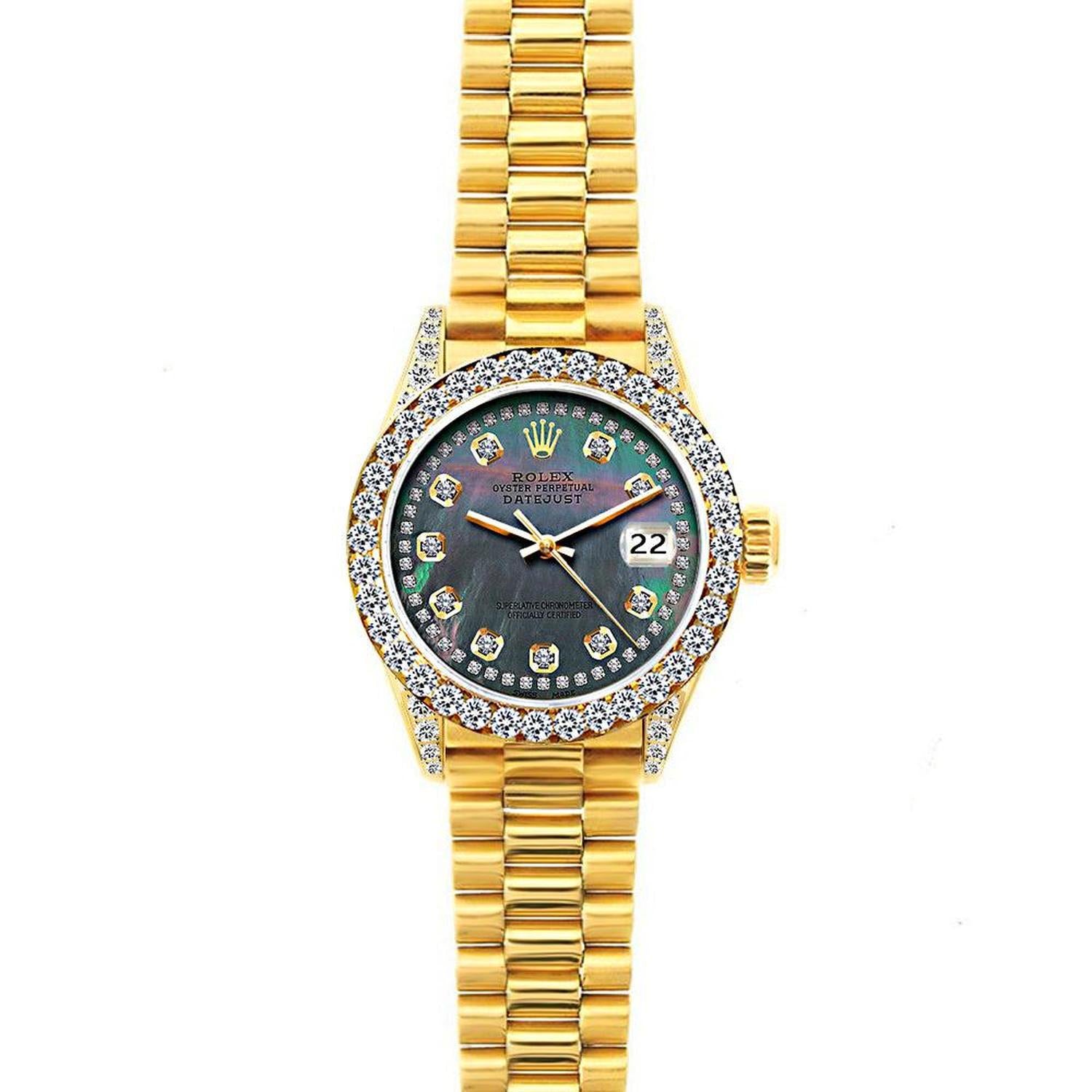 Rolex Datejust 26MM 69178 Black Mother of Pearl Diamond Dial Diamond Bezel 18K Yellow Gold President Bracelet 1.2ct