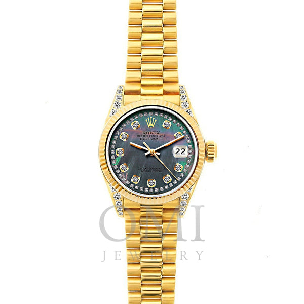 18k Yellow Gold Rolex Datejust Diamond Watch, 26mm, President Bracelet Mother of Pearl Dial w/ Diamond Lugs