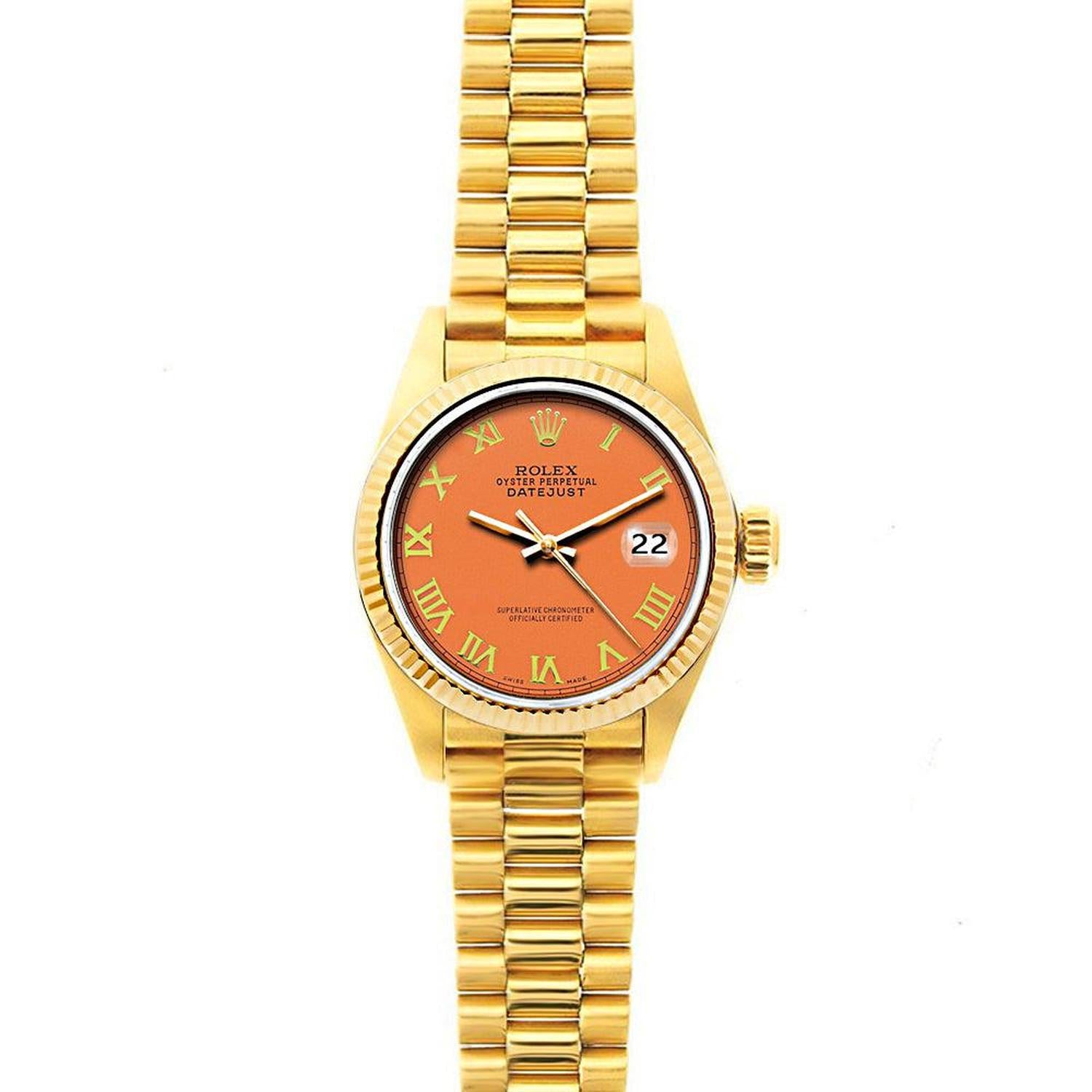 Rolex Datejust 26MM 69178 Orange Roman Dial Yellow Gold Fluted Bezel 18K Yellow Gold President Bracelet