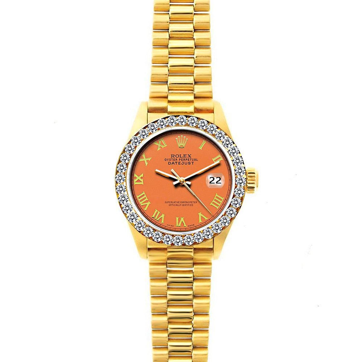 Rolex Datejust 26MM 69178 Orange Roman Dial Diamond Bezel 18K Yellow Gold President Bracelet 1.2ct