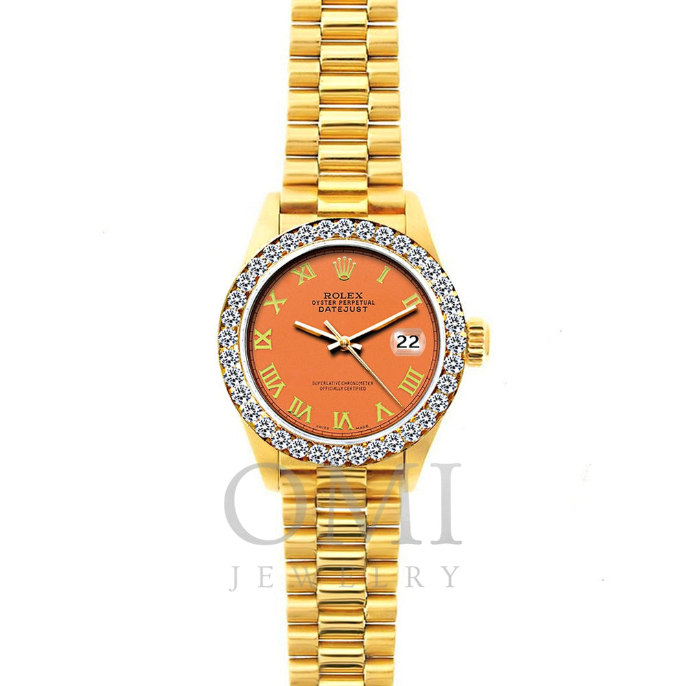 18k Yellow Gold Rolex Datejust Diamond Watch, 26mm, President Bracelet Orange Dial w/ Diamond Bezel