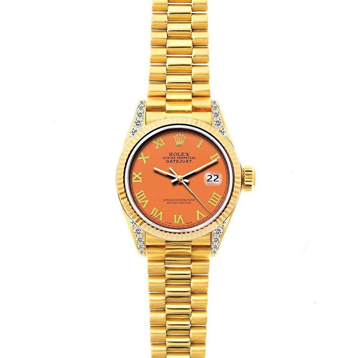 Rolex Datejust 26MM 69178 Orange Roman Dial Yellow Gold Fluted Bezel 18K Yellow Gold President Bracelet