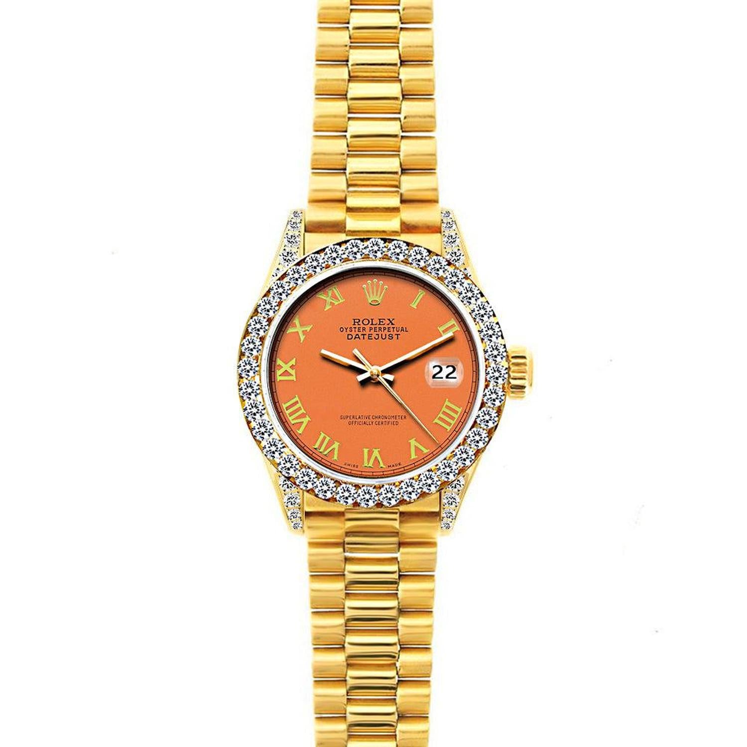 Rolex Datejust 26MM 69178 Orange Roman Dial Diamond Bezel 18K Yellow Gold President Bracelet 1.2ct