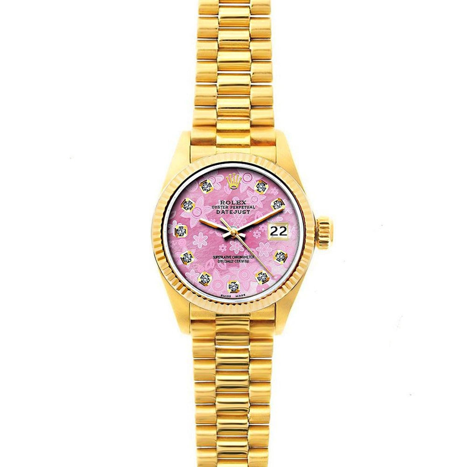 Rolex Datejust 26MM 69178 Pink Floral Diamond Dial Yellow Gold Fluted Bezel 18K Yellow Gold President Bracelet