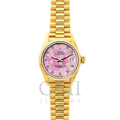 Rolex Datejust 26mm 18k Yellow Gold President Bracelet Pink Flower Dial