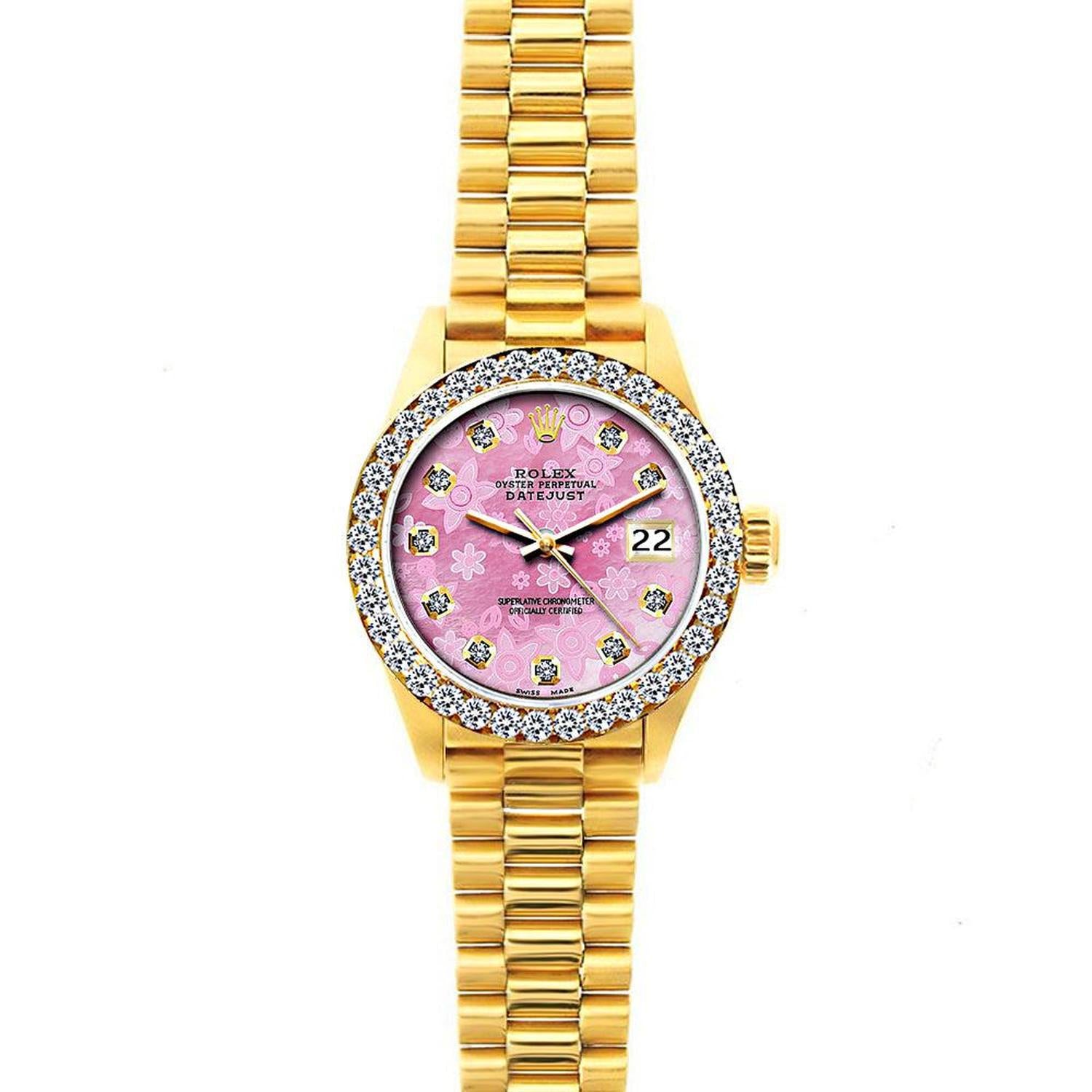 Rolex Datejust 26MM 69178 Pink Mother of Pearl Diamond Dial Diamond Bezel 18K Yellow Gold President Bracelet 1.2ct