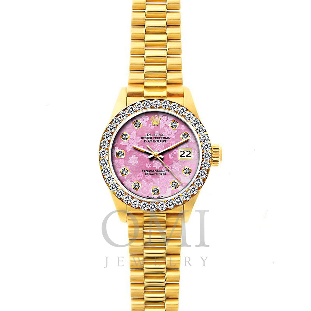 18k Yellow Gold Rolex Datejust Diamond Watch, 26mm, President Bracelet Pink Flower Dial w/ Diamond Bezel