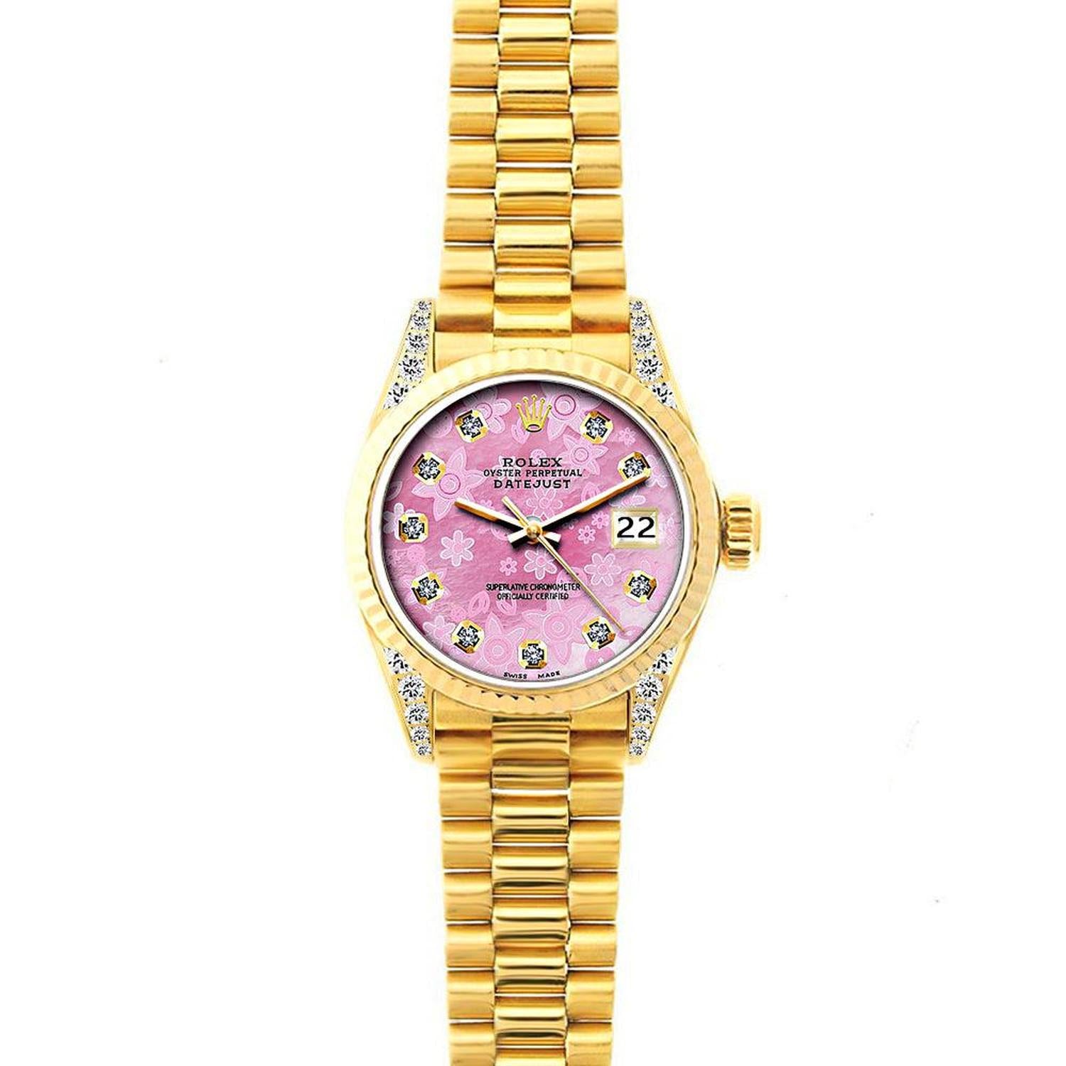 Rolex Datejust 26MM 69178 Pink Mother of Pearl Diamond Dial Yellow Gold Fluted Bezel 18K Yellow Gold President Bracelet