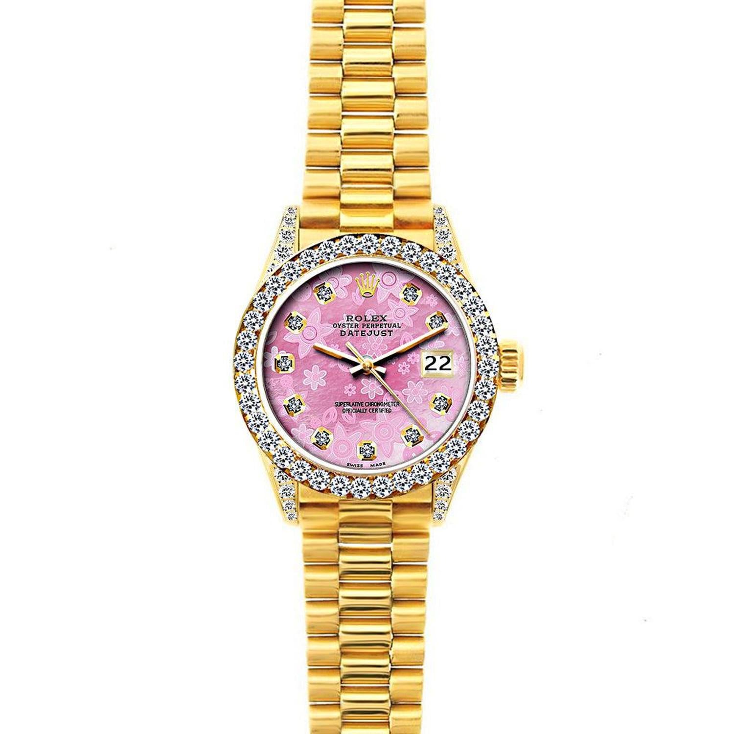 Rolex Datejust 26MM 69178 Pink Mother of Pearl Diamond Dial Diamond Bezel 18K Yellow Gold President Bracelet 1.2ct