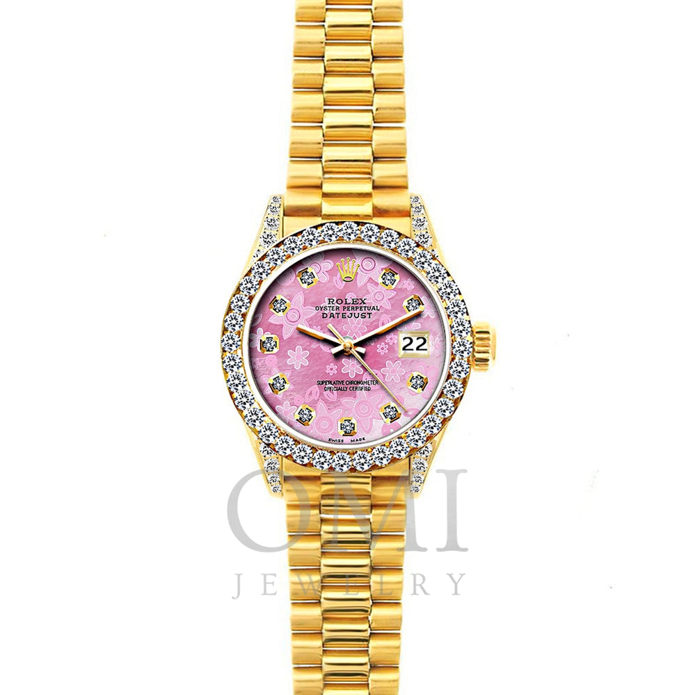 18k Yellow Gold Rolex Datejust Diamond Watch, 26mm, President Bracelet Pink Flower Dial w/ Diamond Bezel and Lugs