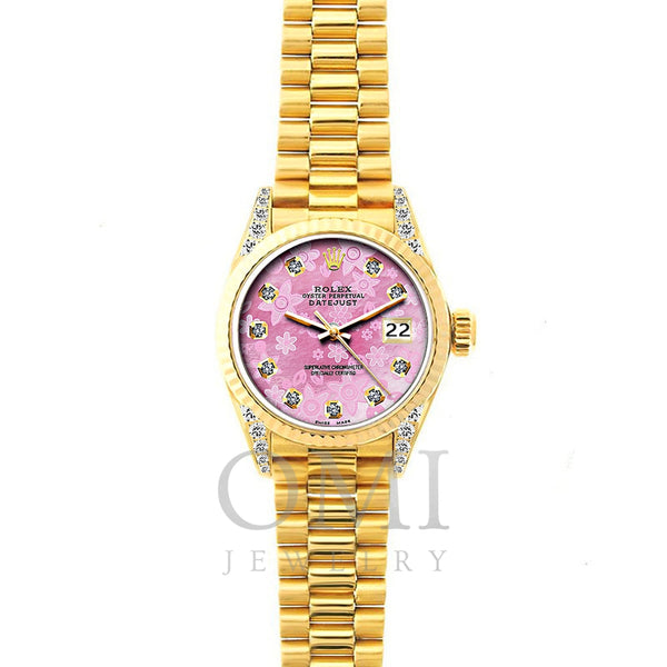 18k Yellow Gold Rolex Datejust Diamond Watch, 26mm, President Bracelet Pink Flower Dial w/ Diamond Lugs