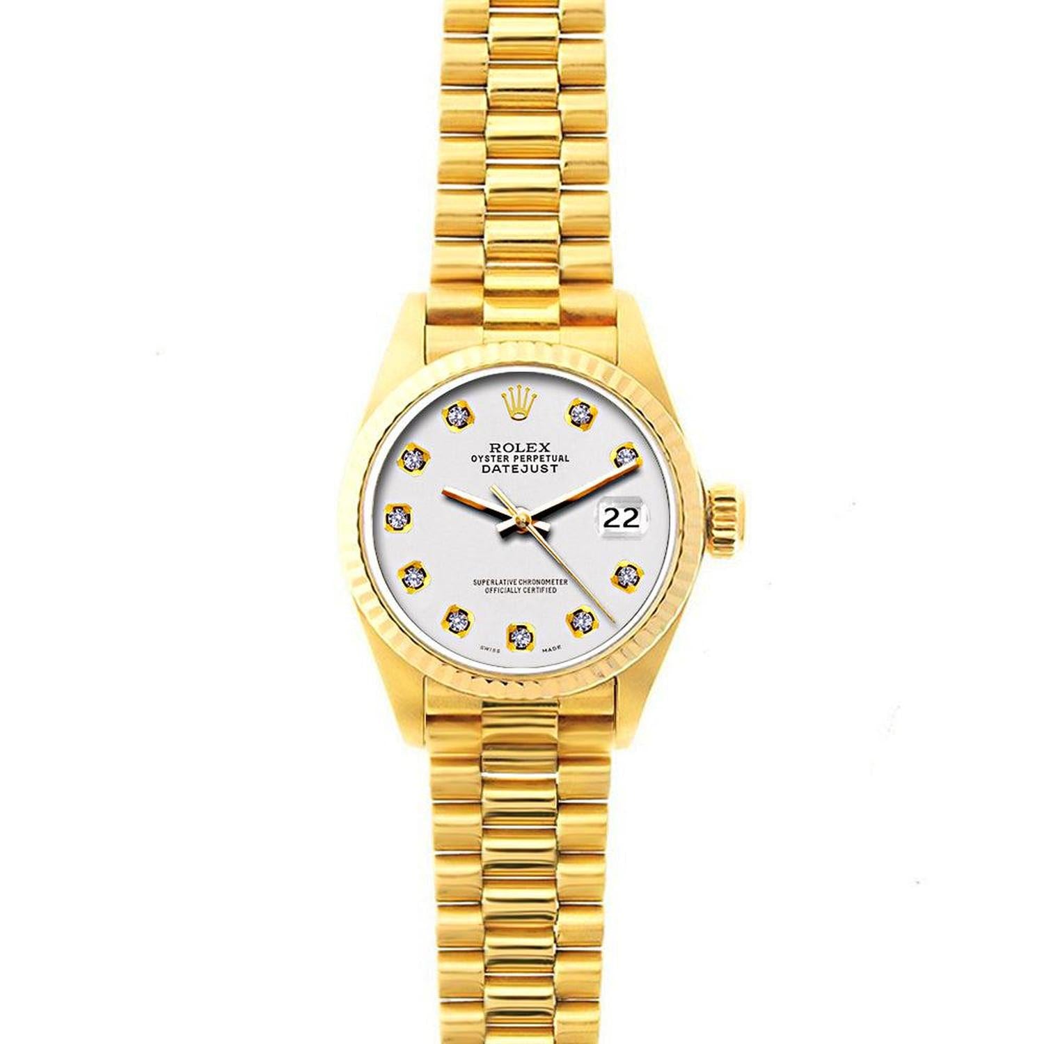 Rolex Datejust 26MM 69178 White Diamond Dial Yellow Gold Fluted Bezel 18K Yellow Gold President Bracelet