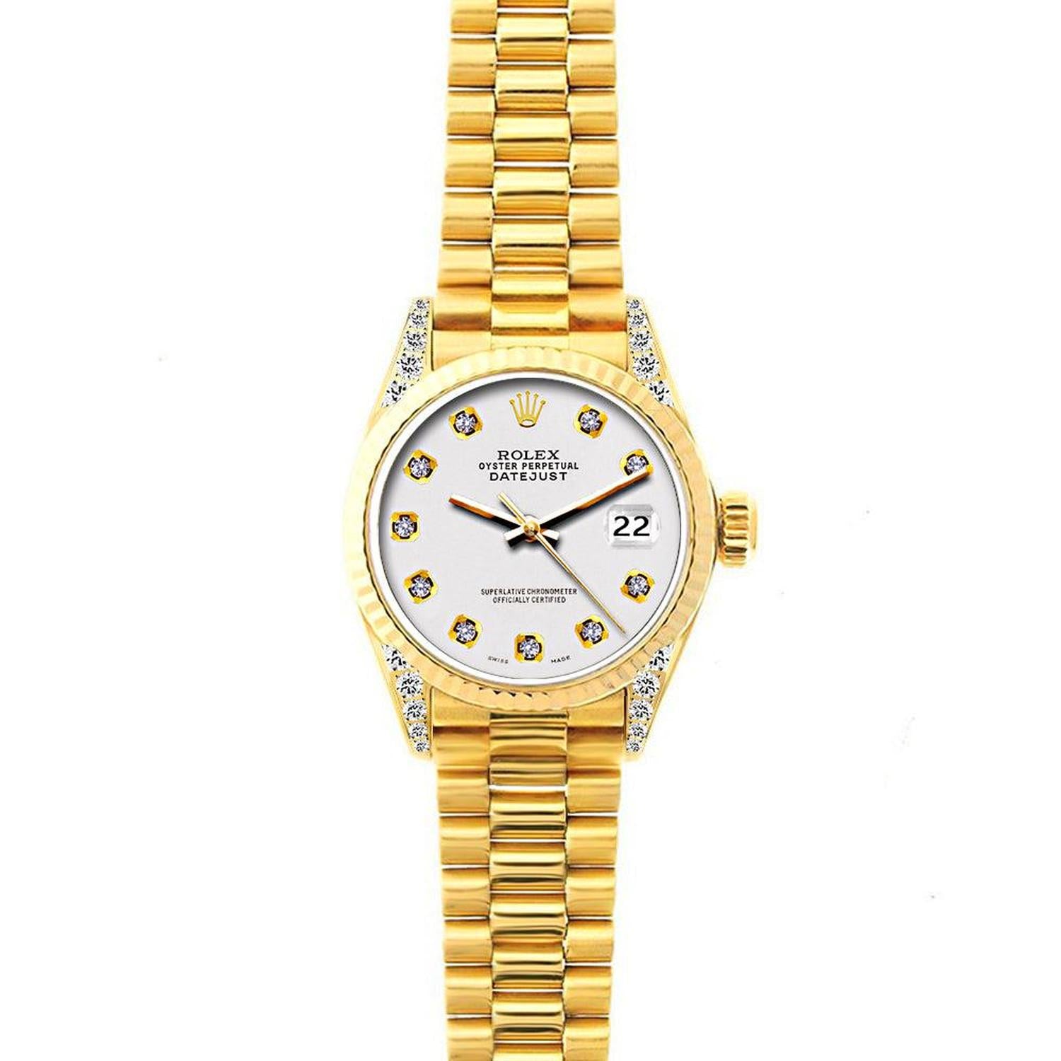 Rolex Datejust 26MM 69178 Lilac Diamond Dial Yellow Gold Fluted Bezel 18K Yellow Gold President Bracelet