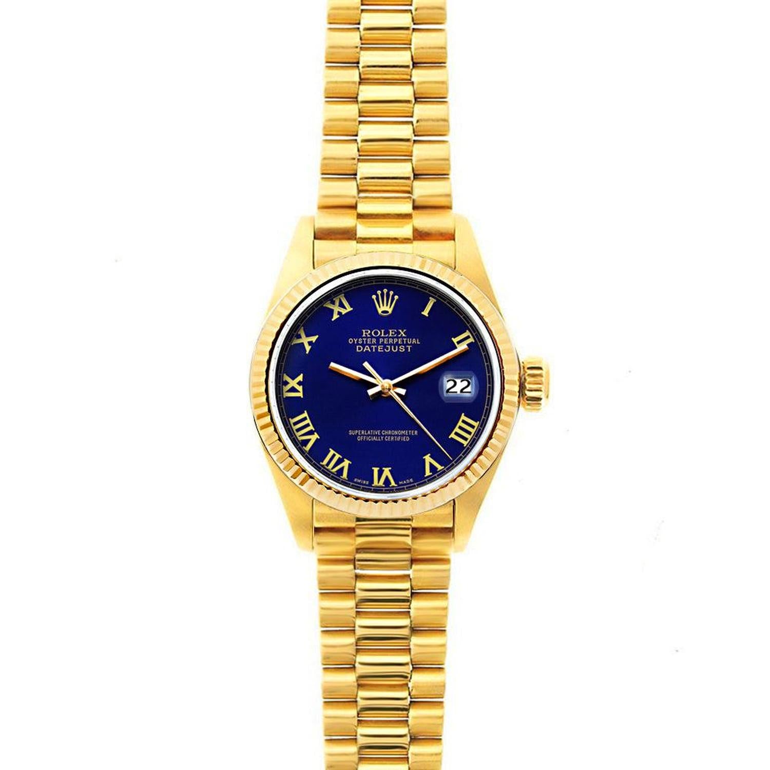 Rolex Datejust 26MM 69178 Blue Roman Dial Yellow Gold Fluted Bezel 18K Yellow Gold President Bracelet