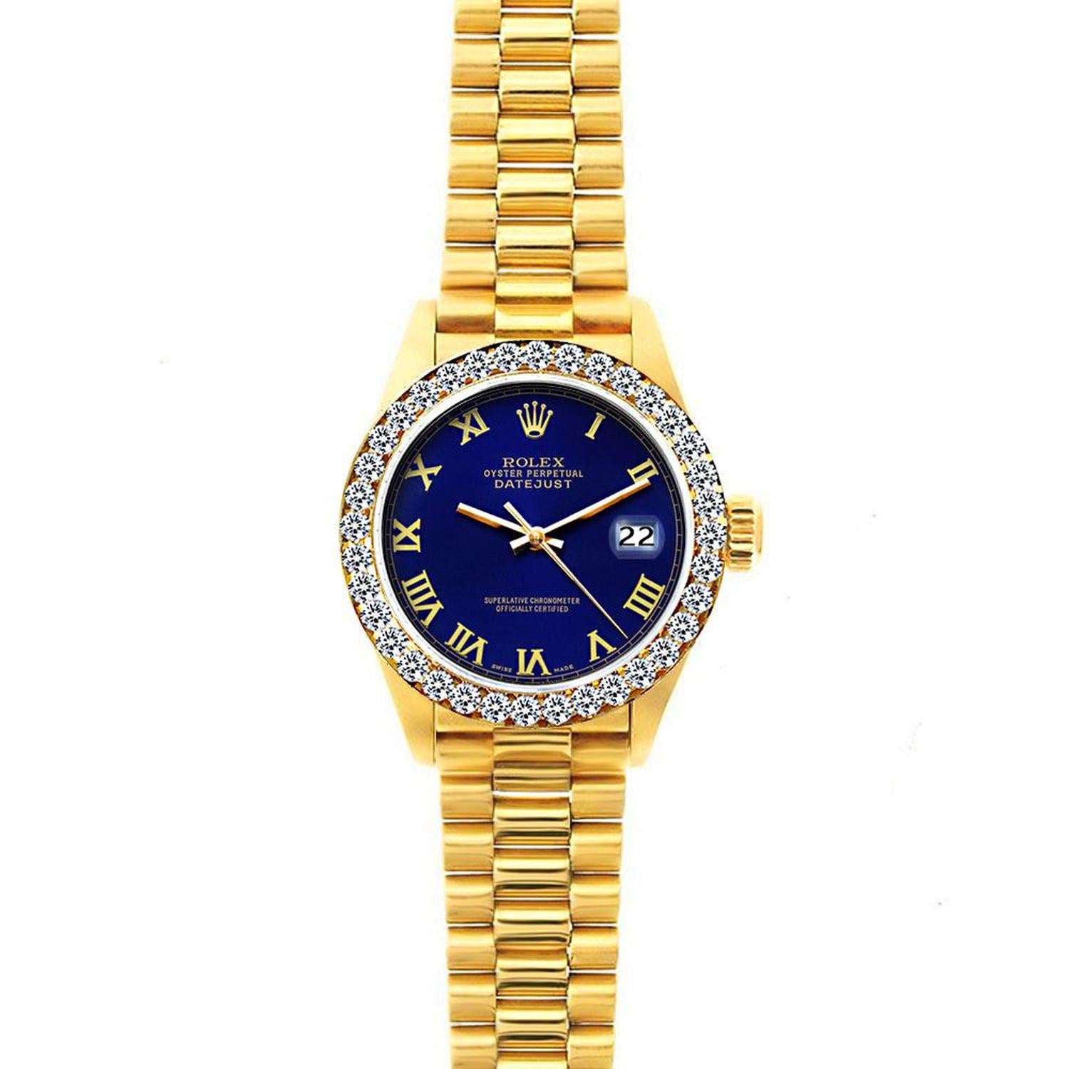 Rolex Datejust 26MM 69178 Blue Roman Dial Diamond Bezel 18K Yellow Gold President Bracelet 1.2ct
