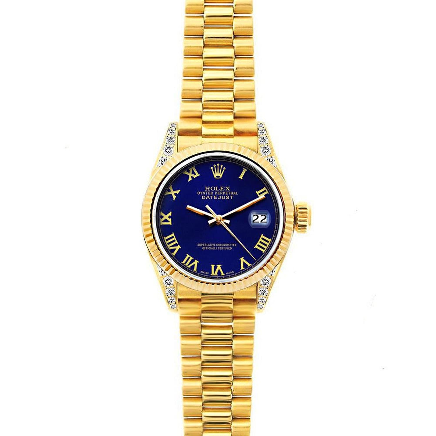 Rolex Datejust 26MM 69178 Blue Roman Dial Yellow Gold Fluted Bezel 18K Yellow Gold President Bracelet