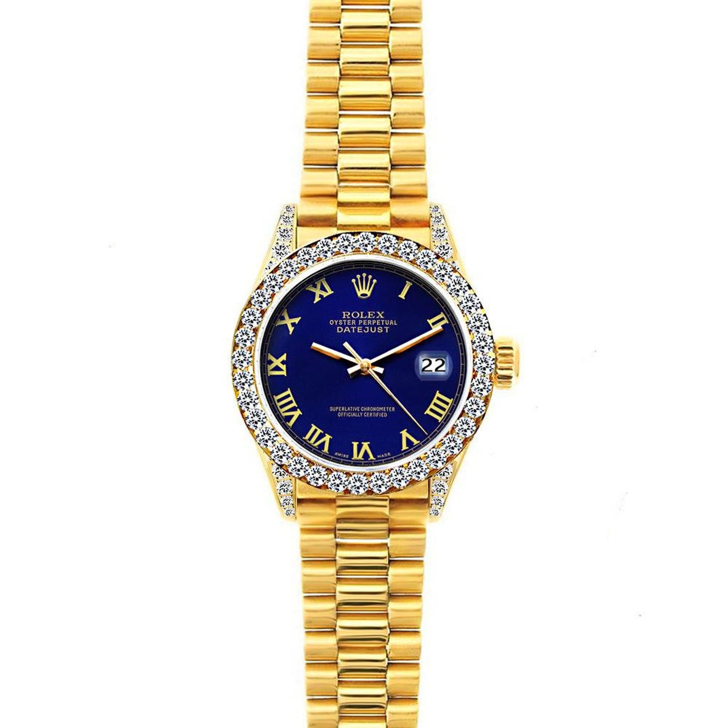 Rolex Datejust 26MM 69178 Blue Roman Dial Diamond Bezel 18K Yellow Gold President Bracelet 1.2ct