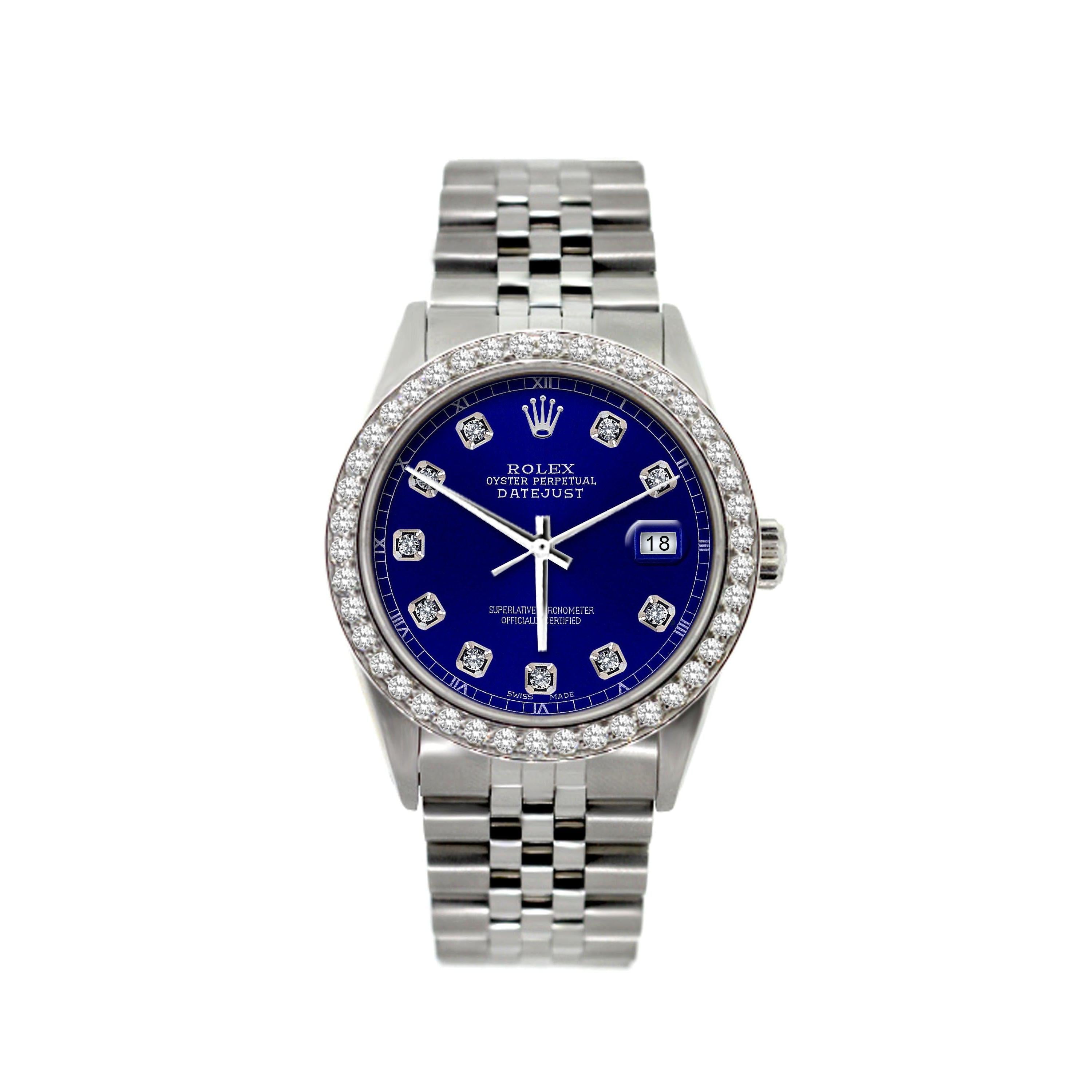 Rolex Datejust 36MM 16200 Blue Diamond Dial Diamond Bezel Stainless Steel Jubilee Bracelet 1.2ct