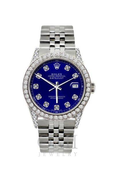 Rolex Datejust Diamond Watch, 36mm, Stainless Steel Dark Blue Dial w/ Diamond Bezel and Lugs