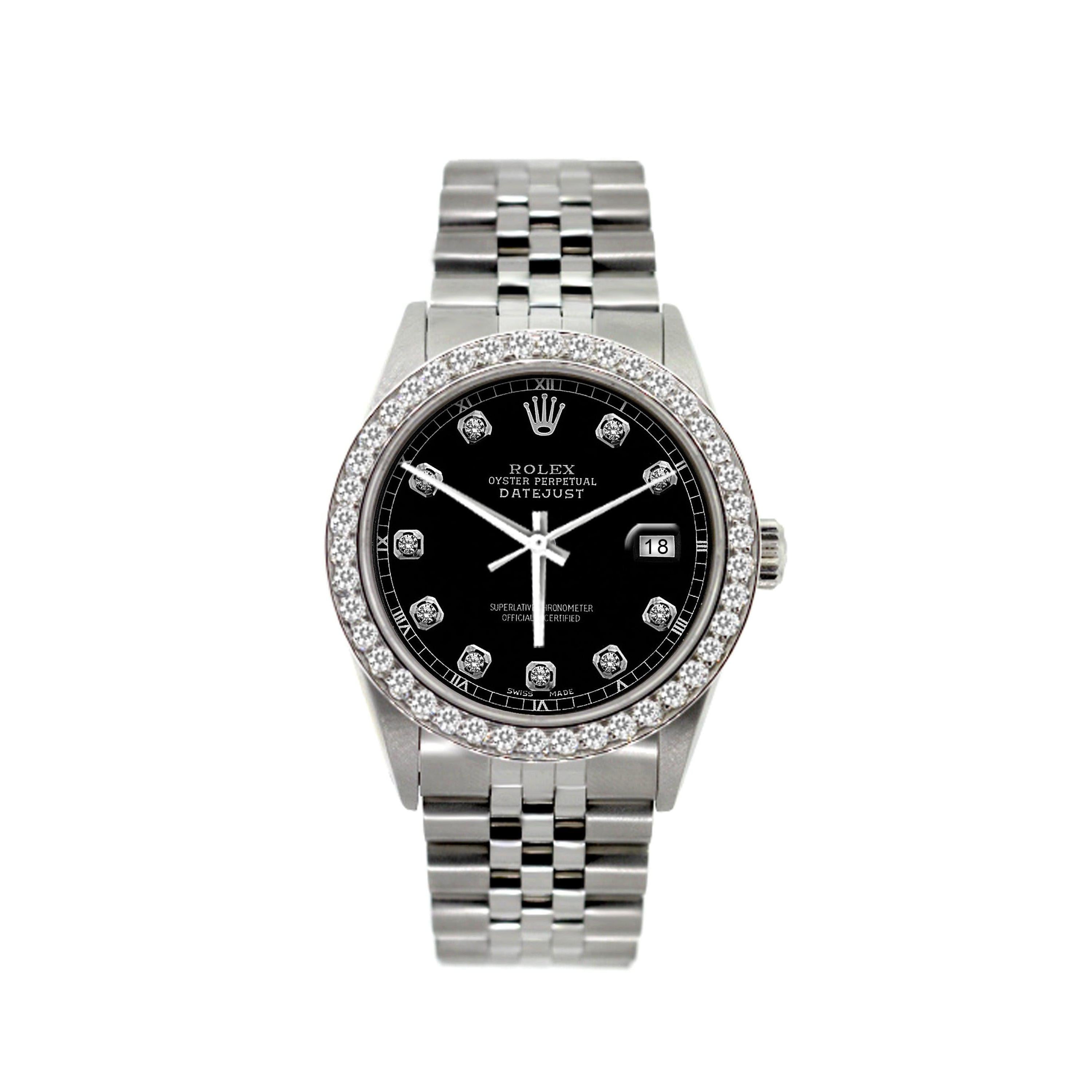 Rolex Datejust 36MM 16200 Black Diamond Dial Diamond Bezel Stainless Steel Jubilee Bracelet 1.2ct