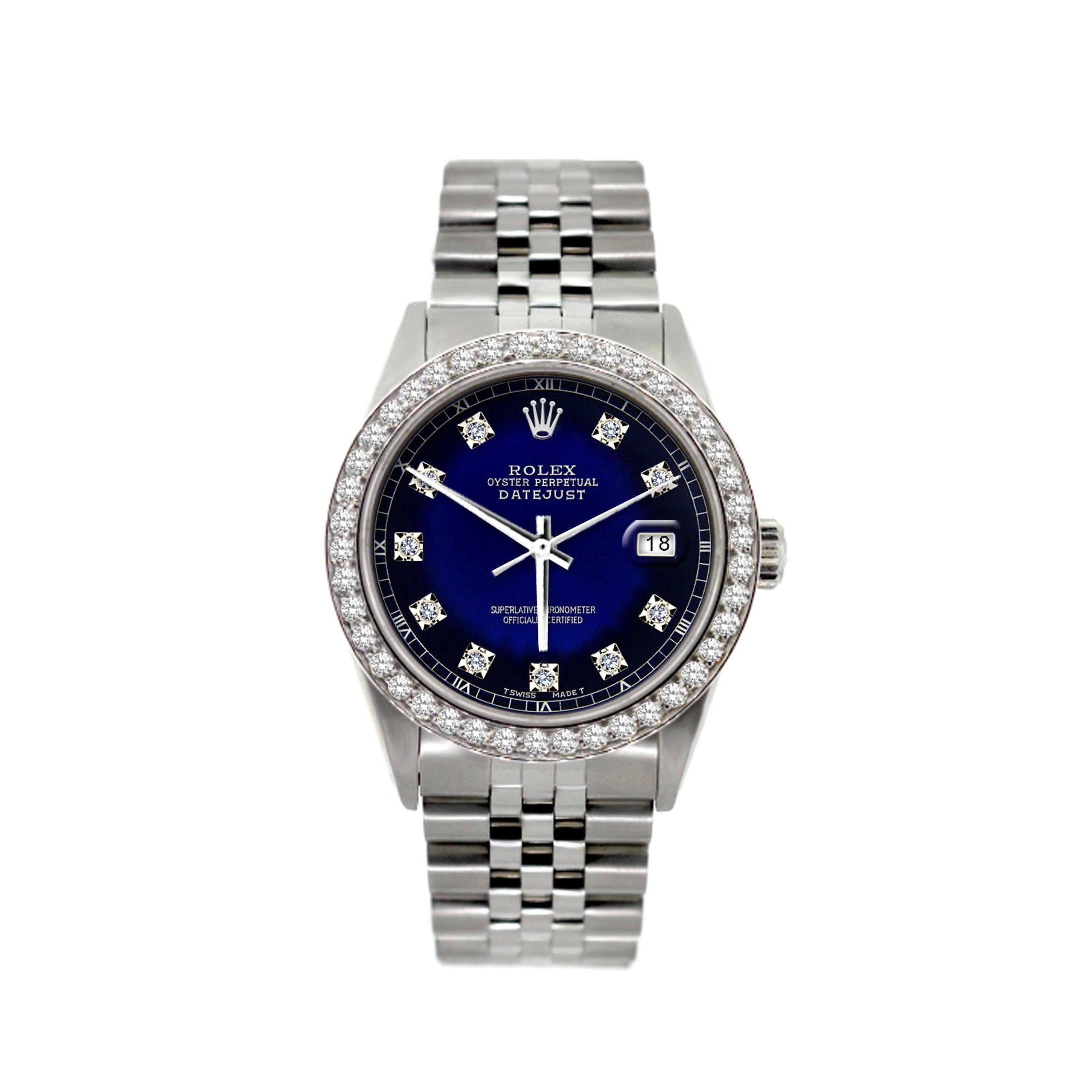 Rolex Datejust 36MM 16200 Blue Diamond Dial Diamond Bezel Stainless Steel Jubilee Bracelet 1.2ct