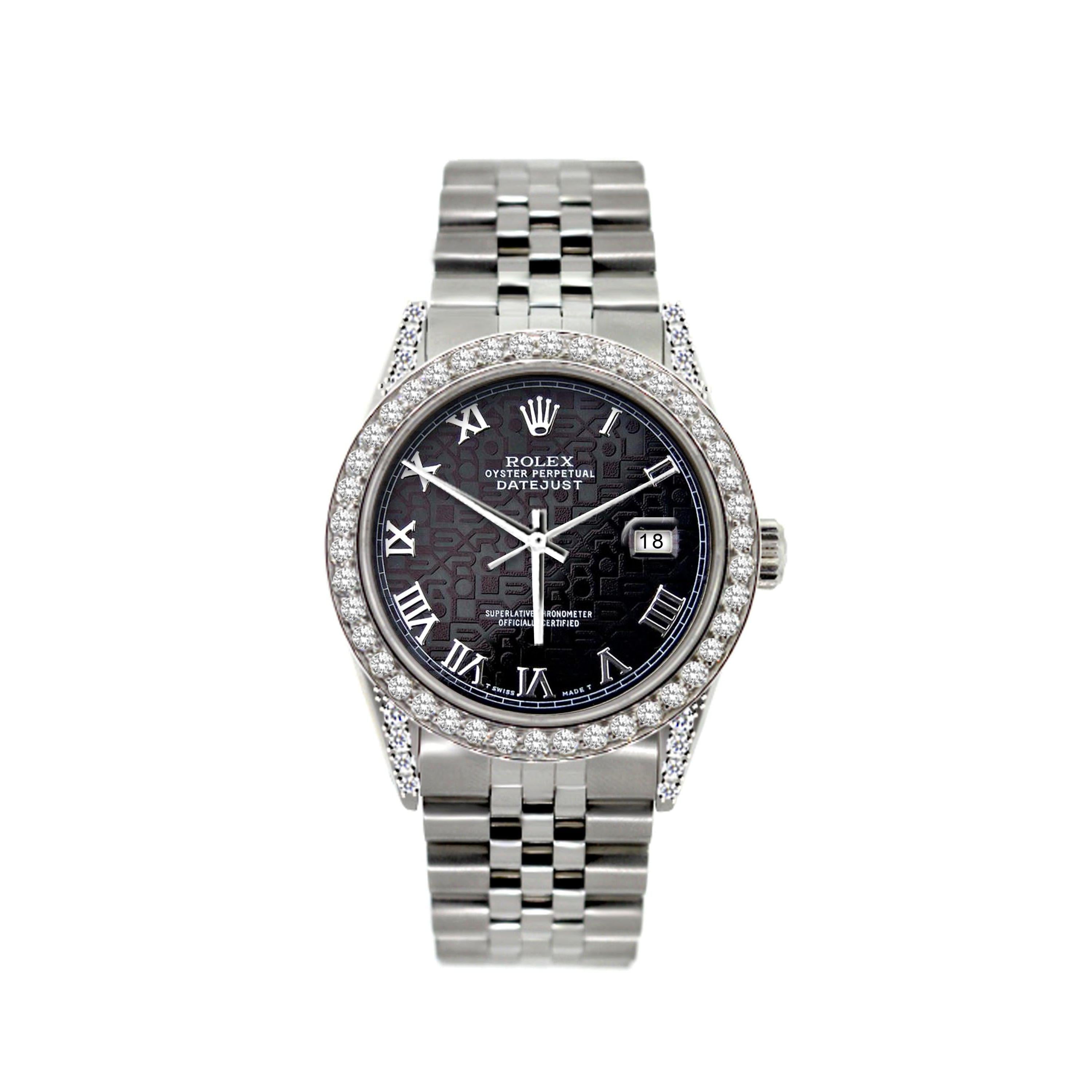 Rolex Datejust 36MM 16200 Black Pattern Diamond Dial Diamond Bezel Stainless Steel Jubilee Bracelet 1.2ct