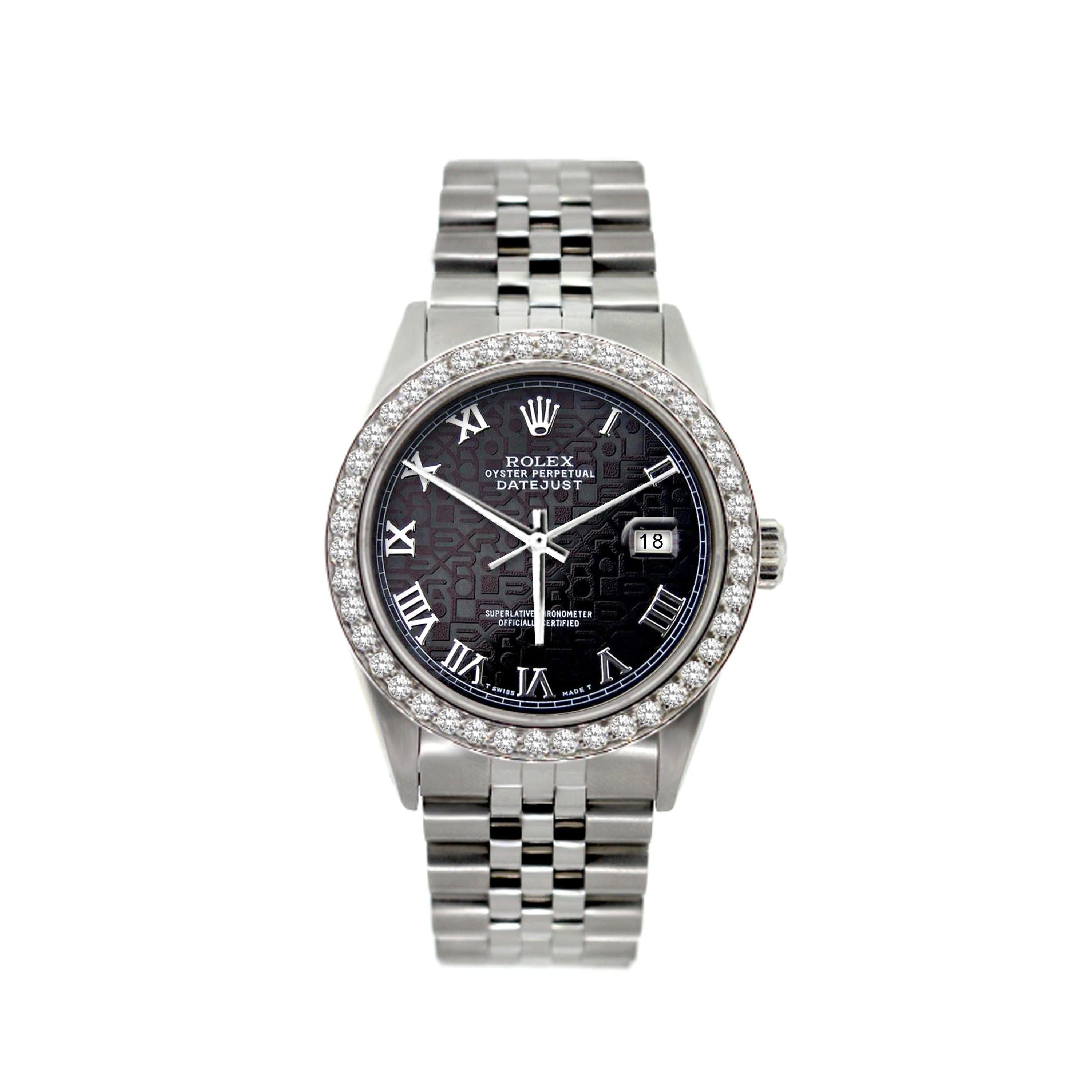 Rolex Datejust 36MM 16200 Black Pattern Dial Diamond Bezel Stainless Steel Jubilee Bracelet 1.2ct