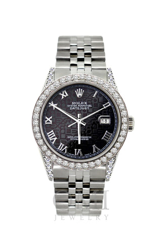Rolex Datejust Diamond Watch, 36mm, Stainless Steel Black Rolex Dial w/ Diamond Bezel and Lugs