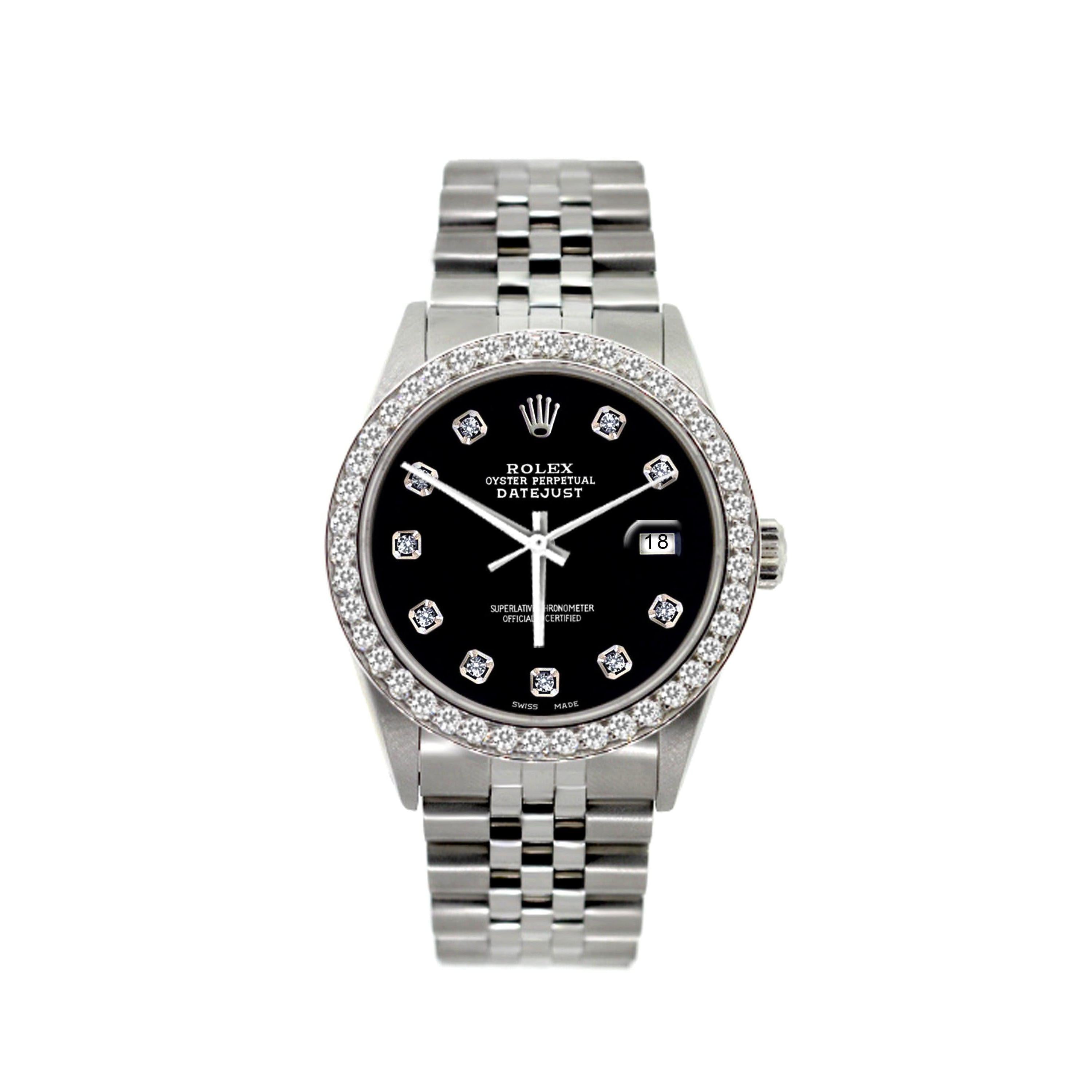 Rolex Datejust 36MM 16200 Black Pattern Dial Diamond Bezel Stainless Steel Jubilee Bracelet 1.2ct
