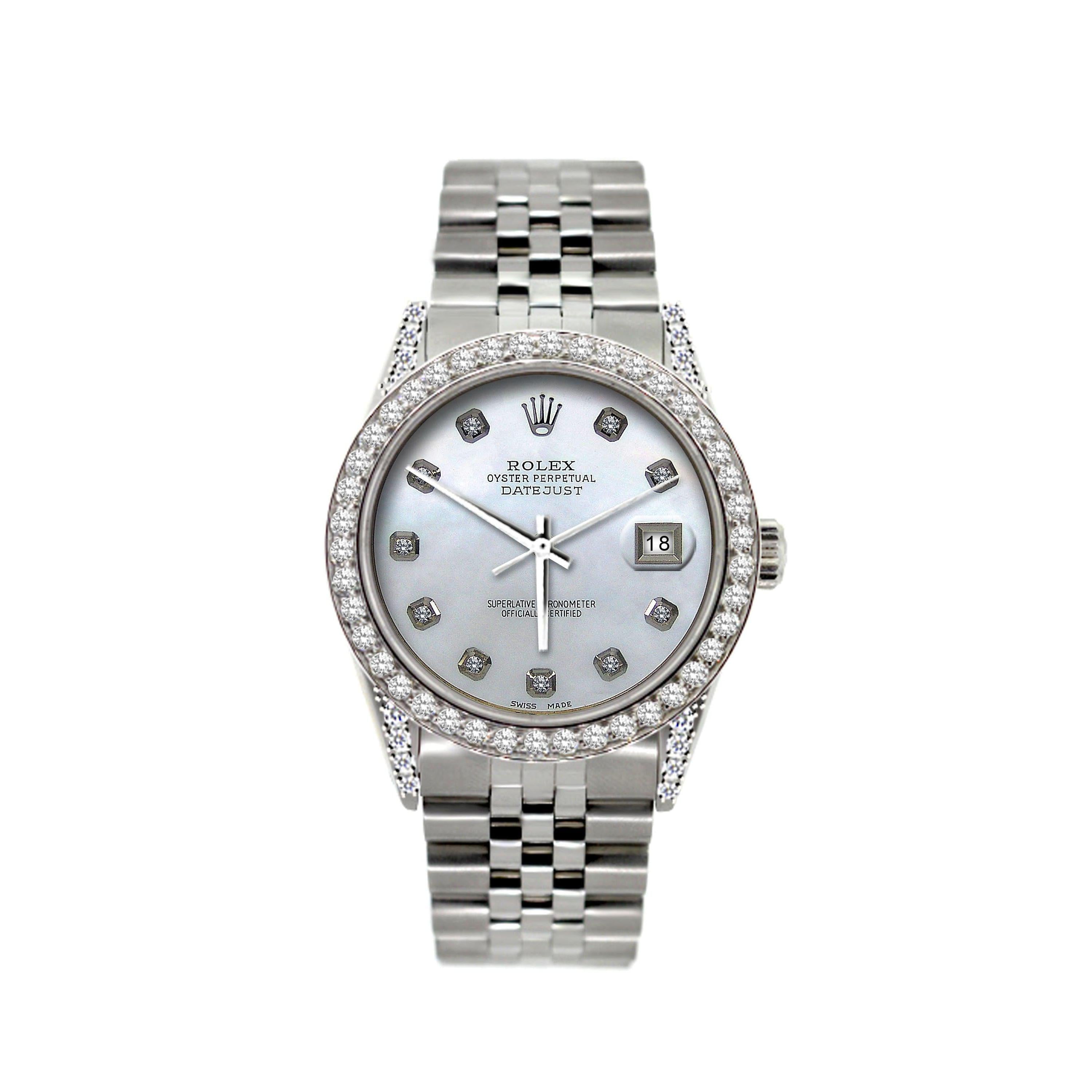 Rolex Datejust 36MM 16200 Blue Mother of Pearl Diamond Dial Diamond Bezel Stainless Steel Jubilee Bracelet 1.2ct