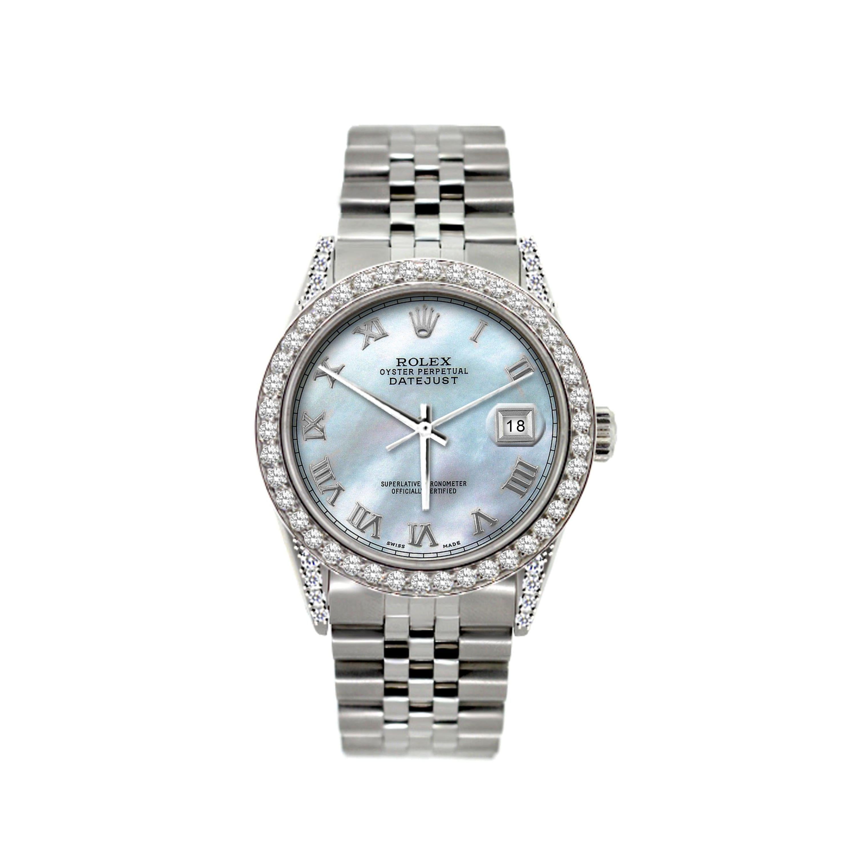 Rolex Datejust 36MM 16200 Blue Mother of Pearl Roman Dial Diamond Bezel Stainless Steel Jubilee Bracelet 1.2ct