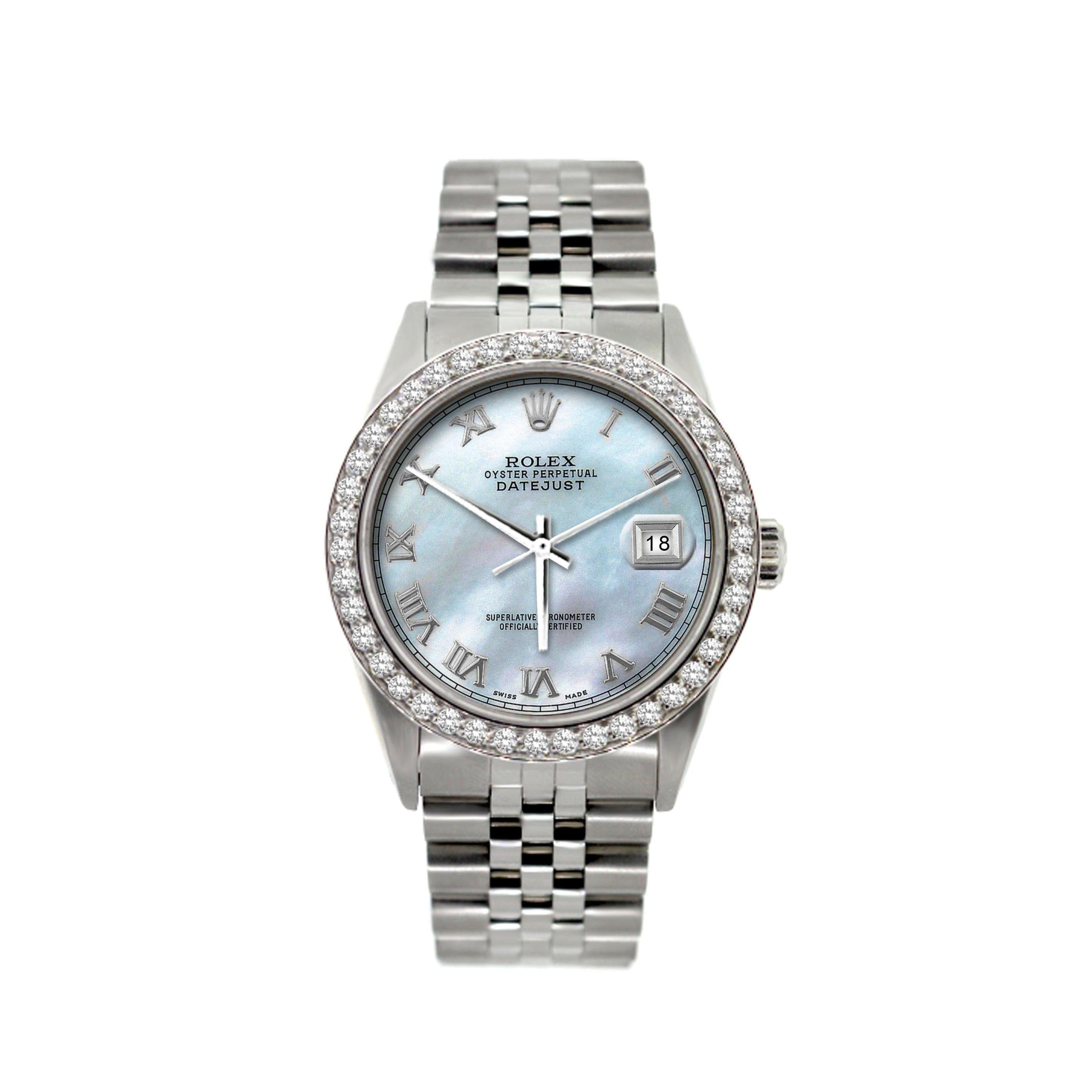 Rolex Datejust 36MM 16200 Mother of Pearl Roman Dial Diamond Bezel Stainless Steel Jubilee Bracelet 1.2ct