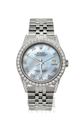Rolex Datejust Diamond Watch, 36mm, Stainless Steel Pearl Blue Dial w/ Diamond Bezel and Lugs