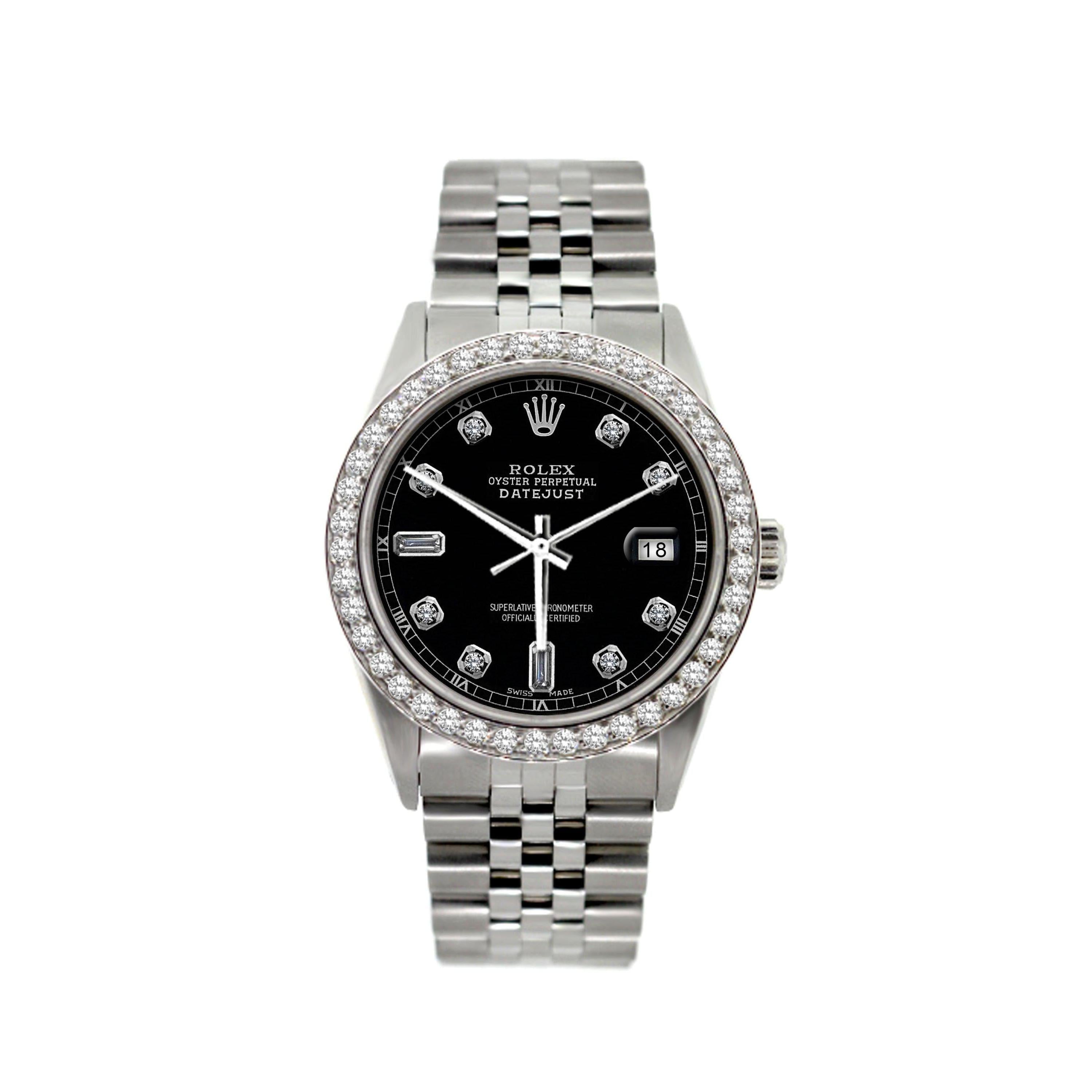 Rolex Datejust 36MM 16200 Black Diamond Dial Diamond Bezel Stainless Steel Jubilee Bracelet 1.2ct