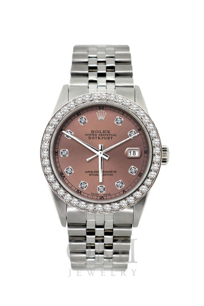 Rolex Datejust Diamond Watch, 36mm, Stainless Steel Rose Dial w/ Diamond Bezel