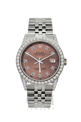 Rolex Datejust Diamond Watch, 36mm, Stainless Steel Rose Dial w/ Diamond Bezel and Lugs